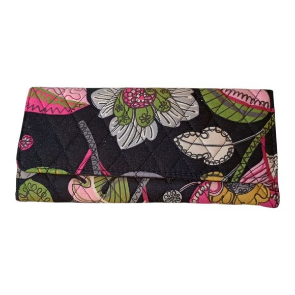 VERA BRADLEY Trifold Wallet Moon Blooms Black Floral Quilted Preppy Lightweight - Picture 1 of 6